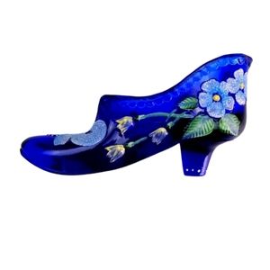 Vintage Fenton Floral with Bow Cobalt Blue Shoe Handpainted by S. Burns